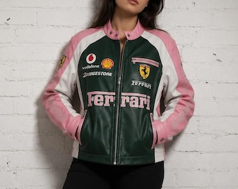 Veste de motarde vintage pour femme, style sport automobile, veste en cuir de course rose et verte inspirée de Ferrari.