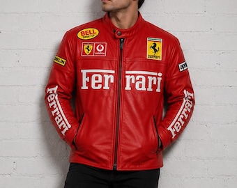 Veste de motard Ferrari Racing vintage faite main, veste en cuir style sport automobile rétro, manteau rouge à fermeture éclair, veste rouge, veste Ferrari
