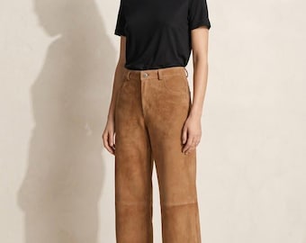 High-Waisted Wide Leg Suede Trousers | Tobacco Brown Leather Pants | Boho Chic Clothing