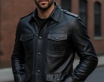 Handmade Black Sheepskin Leather Safari Jacket: Military Style