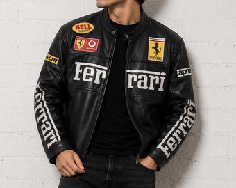 Veste de course Ferrari noire en cuir de vachette véritable, faite main, style motard, vintage, pour hommes et femmes.