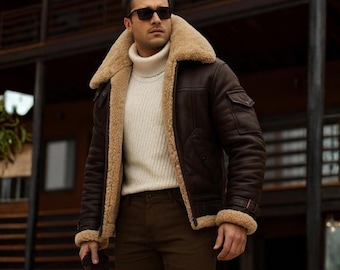 Real Handmade Brown Shearling Leather Aviator Jacket: B3 RAF Bomber