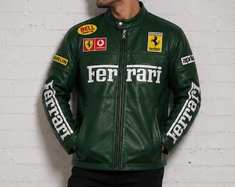 Blouson de course en cuir vert – Manteau de motard style vintage, vêtement de sport