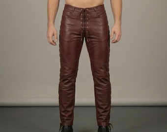Pantalon en cuir marron pour homme, pantalon en cuir à lacets fait main, pantalon de cosplay Renaissance, pantalon de costume de pirate médiéval, pantalon de motard gothique