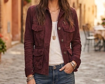 women's Burgundy Genuine Suede Trucker Jacket - Handmade Western Coat