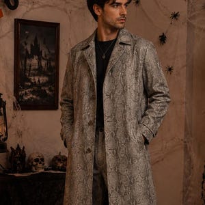 Luxury Snakeskin Leather Trench Coat | Long Python Print Winter Duster