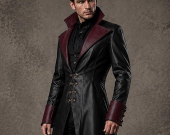 Trench-coat noir en cuir véritable pour homme, manteau gothique de vampire, veste en cuir victorienne, costume de cosplay médiéval, long manteau en cuir