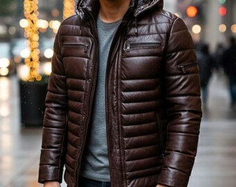 Chaqueta de cuero acolchada para hombre hecha a mano - Chaqueta de invierno marrón para hombre.