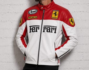 Veste de course Ferrari vintage faite main, style motard, en cuir, veste de sport