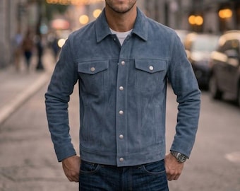Men's Sky Blue Goat Suede Leather Trucker Jacket | Celebrity Style Inspired Casual Outerwear