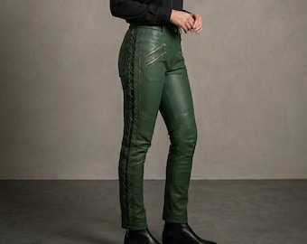Handmade Green Sheepskin Leather Pants: Gothic Lace-Up Biker Trousers