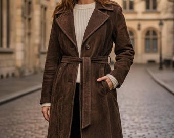 Gabardina de ante marrón hecha a mano para mujer, chaqueta larga de cuero genuino con cinturón, abrigo clásico