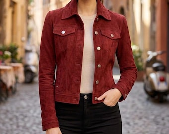 women's Burgundy Genuine Suede Trucker Jacket - Handmade Western Coat