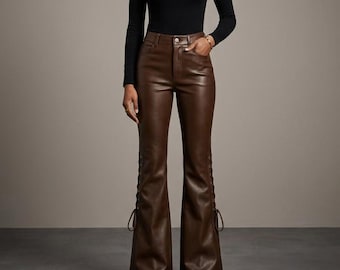 Real Handmade Vintage Style High-Waisted Dark Brown Leather Pants | Women's Slim-Fit Genuine Leather Trousers - Ladies Lace up pants