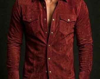 Men's Suede Western Shirt – Genuine Leather Trucker Style, Snap Buttons