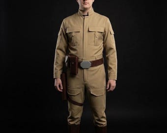 Disfraz de oficial rebelde inspirado en Star Wars / Cosplay de contrabandista galáctico / Traje de vuelo color canela con cinturón y funda