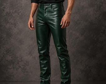 Pantalon en cuir véritable pour homme, pantalon en cuir vert foncé, pantalon en cuir fait main, pantalon en cuir coupe slim, pantalon gothique