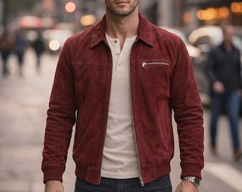 Men's Burgundy Genuine Suede Trucker Jacket - Handmade Western Coat