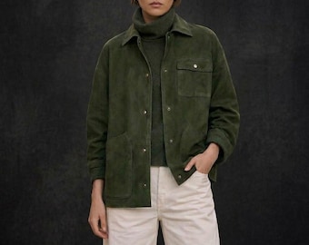 Women's Olive Green Goat Suede Leather Trucker Jacket | Celebrity Style Inspired Casual Outerwear