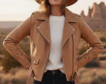 Chaqueta de motociclista de cuero desgastado para mujer / Chaqueta vaquera estilo western vintage hecha a mano