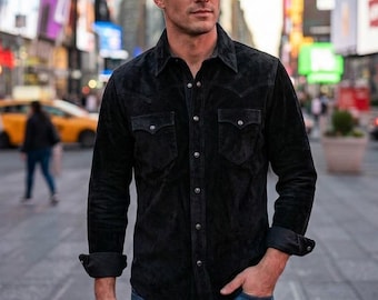 Men's Cowhide Black Suede Western Shirt – Genuine Leather Trucker Style, Snap Buttons