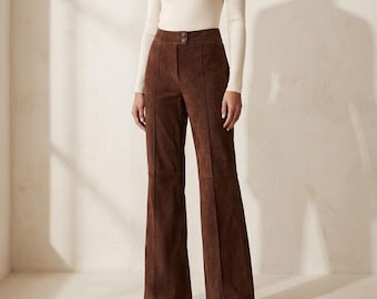 High-Waist Chocolate Suede Wide-Leg Trousers
