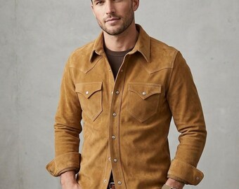 Men's Cowhide Tan Suede Western Shirt – Genuine Leather Trucker Style, Snap Buttons