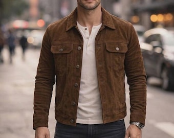 Men's Brown Genuine Suede Trucker Jacket - Handmade Western Coat
