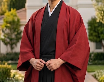 Ensemble haori hakama traditionnel rouge et noir de samouraï – Costume de style kimono japonais