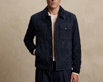 Men's Navy Blue Genuine Suede Trucker Jacket - Handmade Western Coat