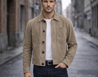 Men's Sand/Muted Camel Colour Genuine Suede Trucker Jacket - Handmade Western Coat