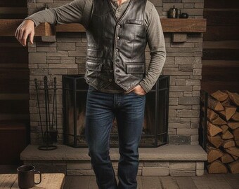 Real Men's Handmade Genuine Cowhide Leather Western Sleeveless Vest, Gift For Him