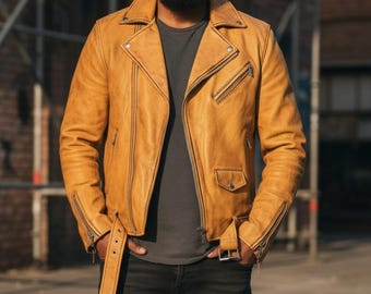 Chaqueta de cuero marrón para hombre hecha a mano - Diseño asimétrico