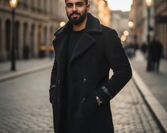 Echter Vintage 70er Jahre Handmade Schwarzer Lammfell-Mantel | Herren Wildlederjacke