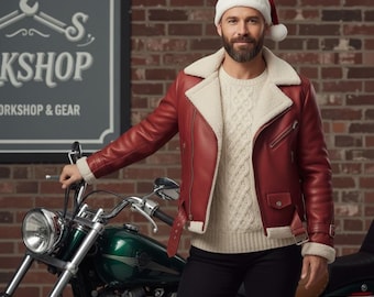 Chaqueta de cuero para hombre con forro de piel de oveja roja para motociclista o ciclista - Chaquetas de invierno para hombres - Regalos para él.