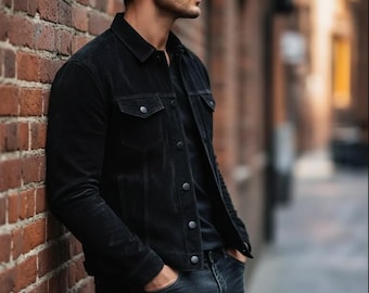 Chaqueta de camionero de ante negra para hombre / Chaqueta de cuero genuino