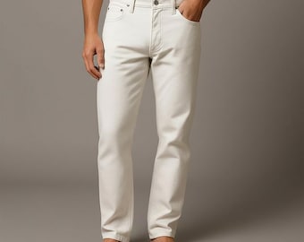 Mens Handmade Real White Genuine Sheep Skin Leather Pants - Classic Five Pockets 501 Pants -