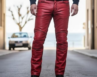 Real Men’s Red Lambskin Leather Biker Pants - Handmade Gothic Trousers