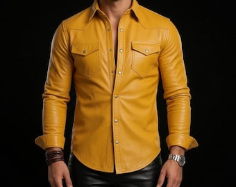 Chemise western jaune en cuir véritable pour homme – Coupe slim moutarde style cow-boy style motard