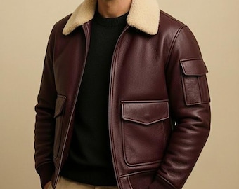Chaqueta de cuero con cuello de piel de oveja para hombre / Regalo para él