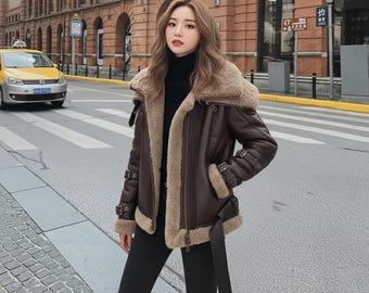 Chaqueta de cuero de oveja marrón con cuello doble para mujer - Abrigo de cuero bomber vintage con forro de piel.