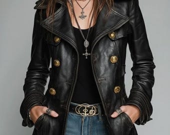 Gabardina negra de piel auténtica desgastada de inspiración vintage, chaqueta cruzada con botones dorados, hecha a mano para mujer.