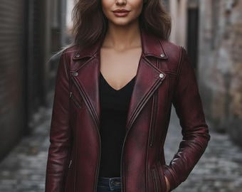 Chaqueta de motociclista de cuero marrón hecha a mano, piel de oveja auténtica para mujer, abrigo largo de invierno