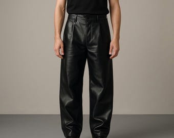 Pantalon large en cuir noir pour homme, pantalon en cuir fait main, pantalon minimaliste en cuir, style streetwear gothique, pantalon oversize, cadeau pour lui