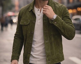 Men's Olive Green Genuine Suede Trucker Jacket - Handmade Western Coat