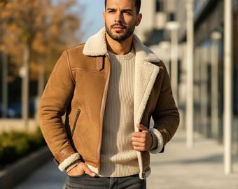 Echte braune Wildleder-Fliegerjacke für Herren - Faux Shearling gefütterter Fliegermantel