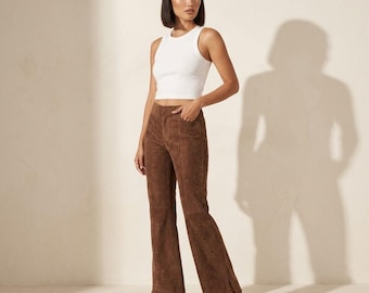 High-Waist Chocolate Suede Wide-Leg Trousers