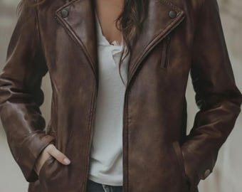 Handmade Distressed Brown Leather Jacket, Moto Style, Slim Fit Design
