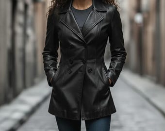 Abrigo de cuero negro vintage ajustado para mujer / Gabardina clásica hecha a mano para mujer