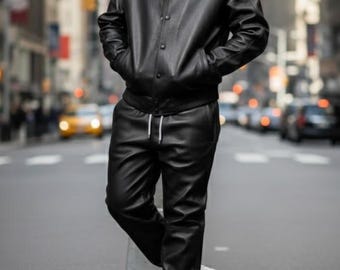 Chándal de cuero auténtico para hombre: ropa deportiva para correr hecha a mano.